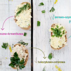Przepis na Pasty do chleba: tuńczykowa z selerem naciowym, jajeczna z krewetkami i serowo-szynkowa