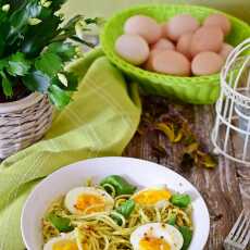 Przepis na Spaghetti z zielonym pesto i jajkami od szczęśliwych kurek