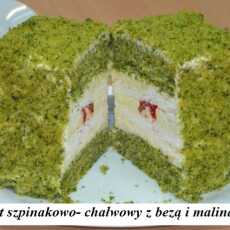 Przepis na Szpinakowo- chałwowy tort z bezą i malinami