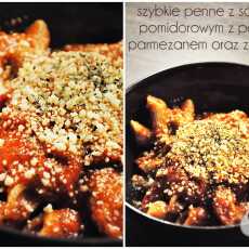 Przepis na Szybkie penne z sosem pomidorowym z pesto parmezanem oraz ziołami