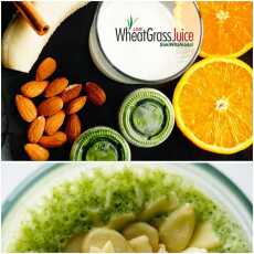 Przepis na Zielony jęczmień + pomarańcza + banan + mleko roślinne + cynamon + migdały