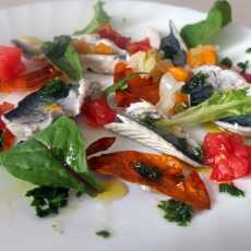 Przepis na Makrela, garnitur warzyw, chipsy z skórki pomidora, winegret z pietruszki