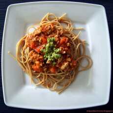 Przepis na Pomidorowe spaghetti z mięsem i pesto bazyliowo-miętowym