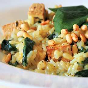 Risotto with spinach tofu and pine nuts