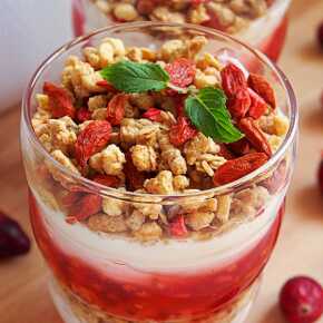 Cranberry jelly with homogenized cheese and fruit granola
