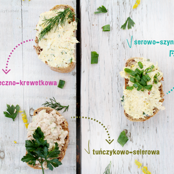 Pasty do chleba: tuńczykowa z selerem naciowym, jajeczna z krewetkami i serowo-szynkowa