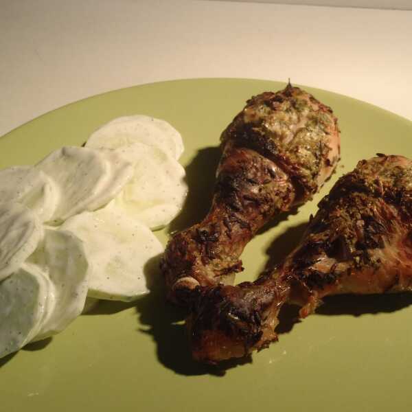 Indie yogurt roasted chicken drumsticks with Polish 'miseria'