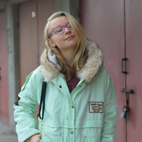 Mint parka, pink glasses & striped pants