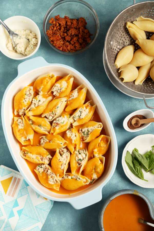 Cauliflower Stuffed Shells with Butternut Squash Sauce