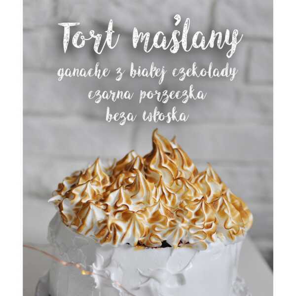 Tort maślany z ganache z białej czekolady, czarną porzeczką i bezą włoską