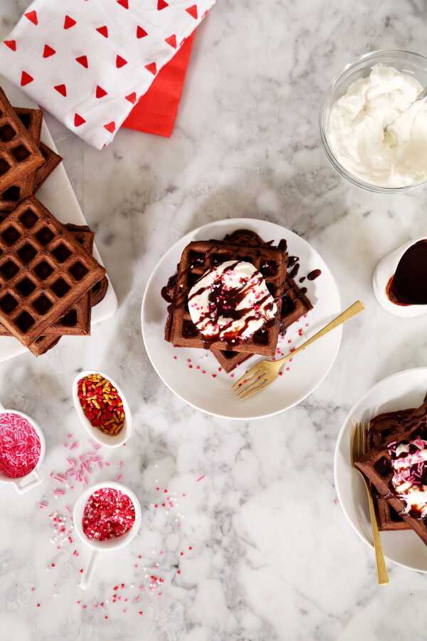 Galentine’s Day: Chocolate Waffles, Cream, and Chocolate Sauce