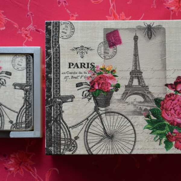 Decoupage: Pudełko na herbatę z motywem Paryża i komplet podstawek