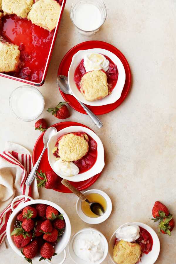 Strawberry Rhubarb Cobbler with Cornmeal Biscuits and Honeyed Cream