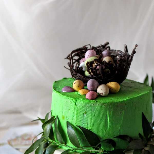 Zawijany tort szpinakowy z malinowym kremem i czekoladowym gniazdkiem