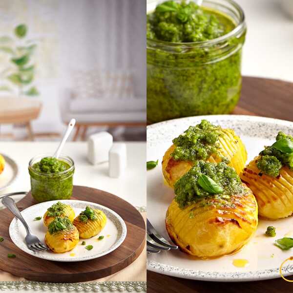 Pieczone ziemniaki Hasselback z pesto bazyliowym