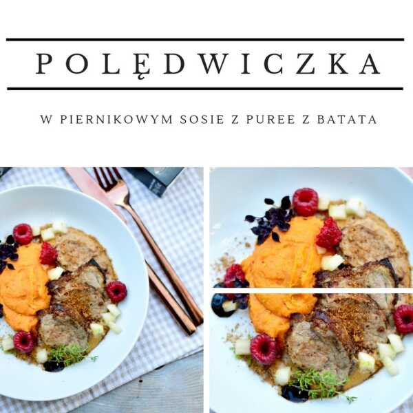 Polędwiczka w piernikowej panierce, sosie piernikowym na orzechowo- limonkowym puree z batata 