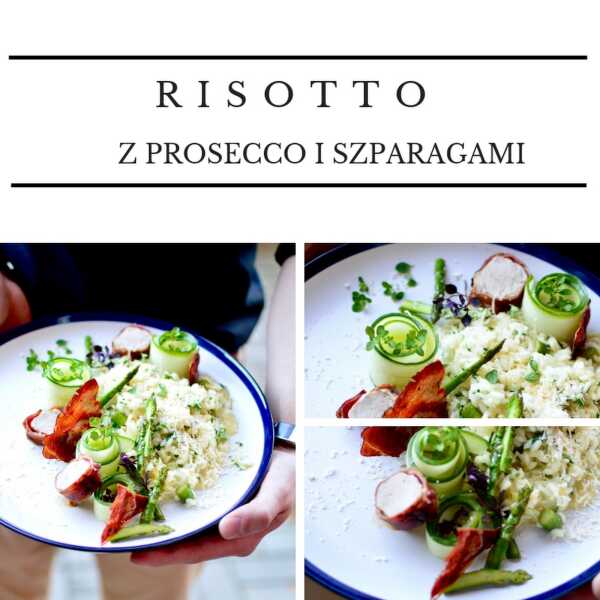 Risotto ze szparagami i Prosecco/ polędwiczka wieprzowa w szynce parmeńskiej/ chips z szynki/ ogórek