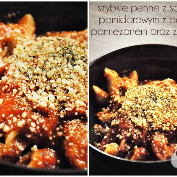 Szybkie penne z sosem pomidorowym z pesto parmezanem oraz ziołami