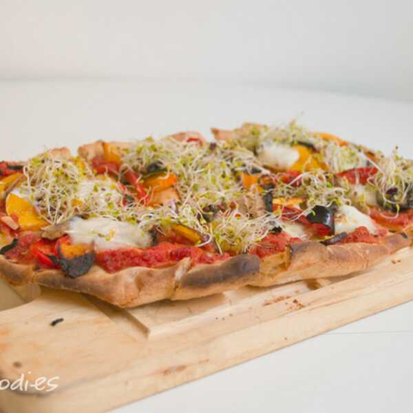 SPELT PIZZA with ROASTED VEGETABLES & SPROUTS