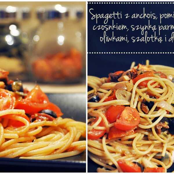 Spaghetti z anchois, szynką parmeńską, pomidorkami, oliwkami i dynią 