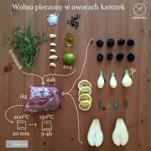 Wolno pieczony w owocach karczek.